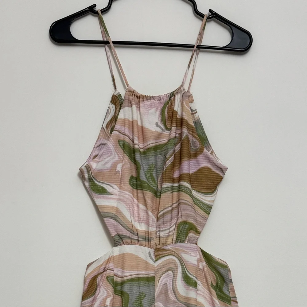 Lush Brown and Green Swirl Print Halter Open Back Jumpsuit in Strawberry Matcha - Picture 2 of 16